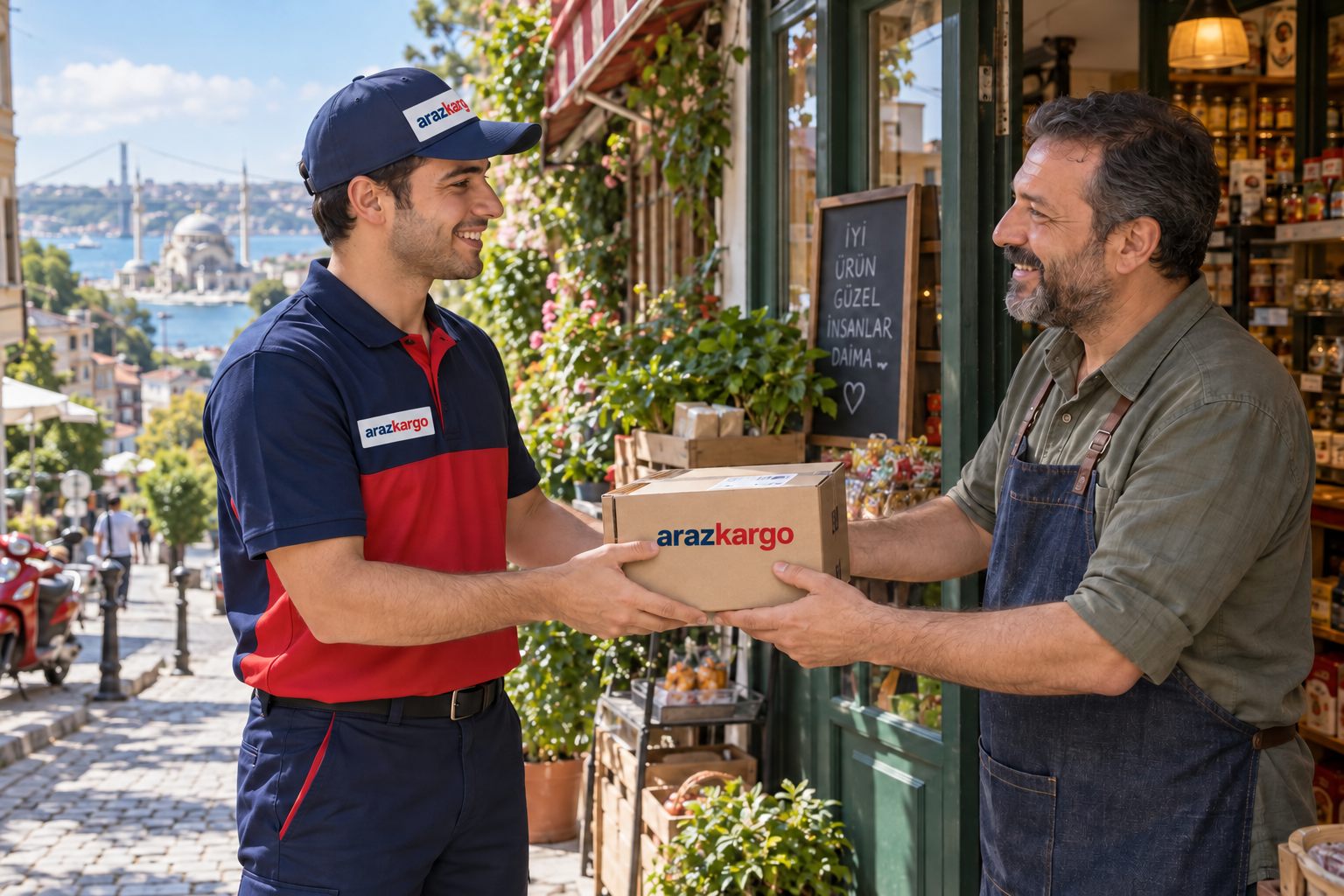 Mahalle esnafına paket teslim eden kurye